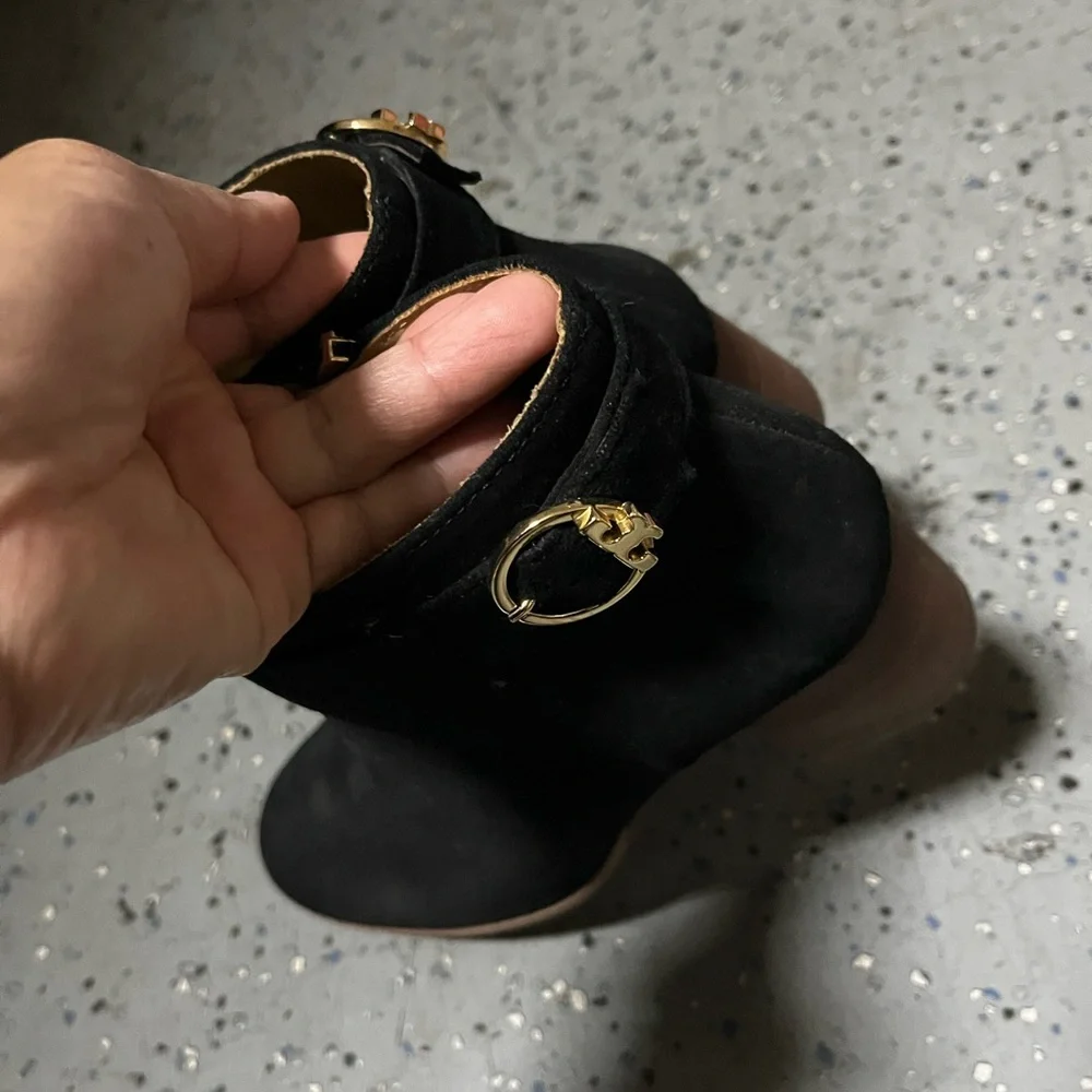 Tory Burch Black Suede Ankle Boots with Gold Accent - Picture 6 of 7